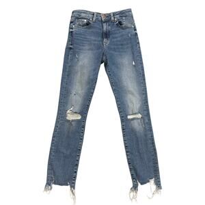 & Denim Jeans Womens Sz 26 Med Wash Skinny High Rise Raw Hem Stretch Distressed